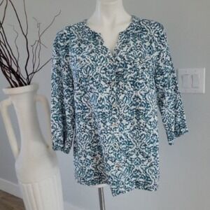 JM Collection Women 100% Linen Teal White Damask Print 3/4 Sleeve Blouse Size 12